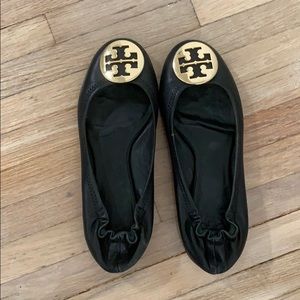 Tory Burch Black Leather Minnie Ballet Flats